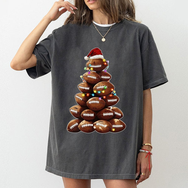 Sporty Holiday Graphic Tee, Football Christmas Tree T-Shirt, Festive Football Season Shirt, Christmas Lights Football Shirt, 