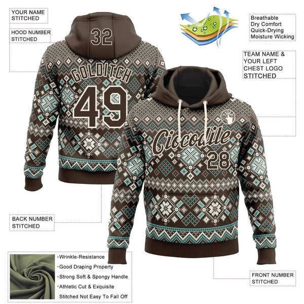 Brown Cream Holiday Sweatshirt, Custom Nordic Ugly Christmas Hoodie, Personalized Fair Isle Hoodie, Winter Sports Pullover Ho