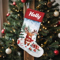 Snow Scene Winter Holiday Stocking, Adorable Reindeer Christmas Stocking, Personalized Christmas Stocking, Kids Family Mantle Decor Present