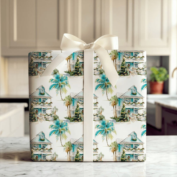 Tropical Coastal Holiday Gift Wrap, Beach House Christmas Wrapping Paper, Seaside Palm Tree Wrapping Paper, Ocean Festive Gif