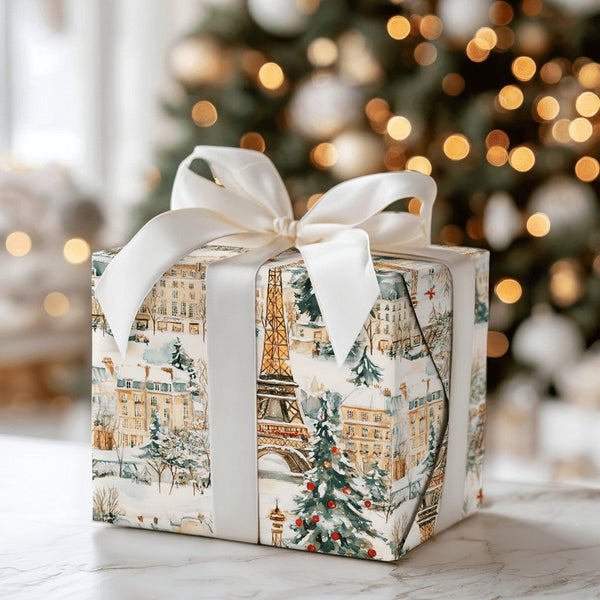 Snowy Eiffel Tower Gift Wrap, Paris Christmas Wrapping Paper, Watercolor Paris Holiday Gift Wrap, Winter Cityscape Paper, Tra