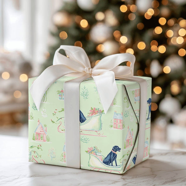 Watercolor Dog Sleigh Gift Wrap, Black Labrador Christmas Wrapping Paper, Pastel Village Holiday Wrapping Paper, Adorable Dog