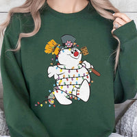 Festive Light String Holiday Sweater, Adorable Snowman Christmas Sweatshirt, Retro Snowman Crewneck Sweatshirt, Comfy Xmas Pullover Sweatshirt