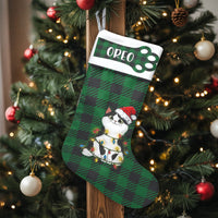 Kitten Holiday Stocking, Green Plaid Santa Cat Christmas Stocking, Custom Name Pet Stocking, Velboa Fireplace Mantle Decor, Cat Lover Present