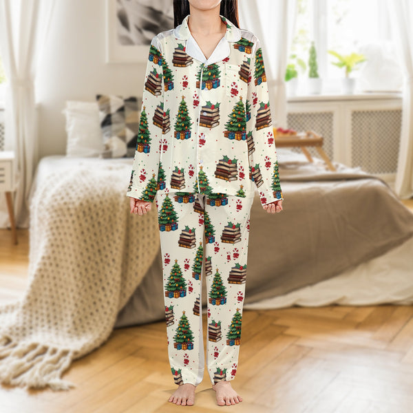Festive Tree Books Satin Pajamas, Christmas Book Lover Pajama Set, Bookworm Holiday Pajamas, Comfy Reader Loungewear, Book Lo