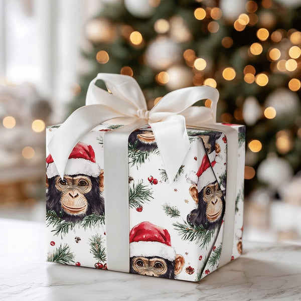 Santa Hat Monkey Gift Wrap, Chimpanzee Christmas Wrapping Paper, Humorous Animal Holiday Paper, Festive Pine Berry Present Wr