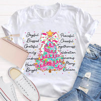 Aesthetic Holiday Graphic Tee, Joyful Peaceful Cheerful Christmas Tree T-Shirt, Retro Xmas Tree Shirt, Festive Winter Holiday Party Top