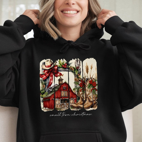 Western Country Barn Graphic Hooded Sweatshirt, Small Town Christmas Hoodie, Rustic Farmhouse Holiday Pullover, Cowgirl Winte