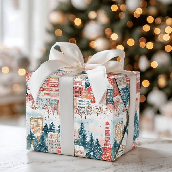 Red Tokyo Tower Gift Wrap, Snowy Tokyo Cityscape Wrapping Paper, Watercolor Winter Holiday Gift Wrap Roll, Japan Christmas Wr