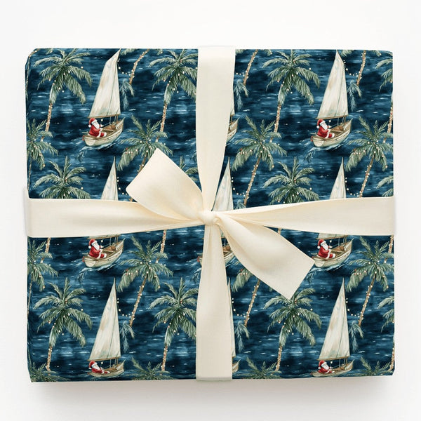Coastal Christmas Gift Wrap, Sailing Santa Wrapping Paper, Tropical Holiday Wrapping Paper, Palm Tree Ocean Christmas Paper R
