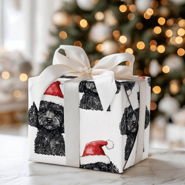 Santa Hat Dog Holiday Gift Wrap, Black Poodle Christmas Wrapping Paper, Festive Puppy Dog Xmas Wrapping Paper, Pet Lover Pres