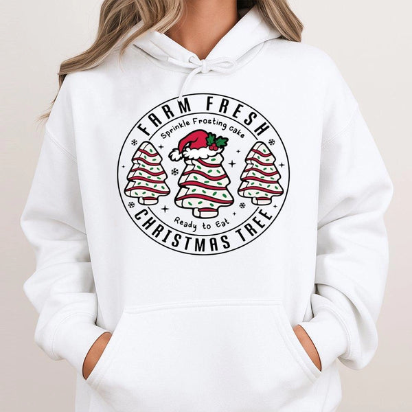 Retro Holiday Cake Graphic Sweatshirt, Farm Fresh Christmas Tree Cake Hoodie, Christmas Tree Dessert Hooded Pullover, Xmas Wi