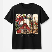 Rustic Western Barn Cowgirl Holiday Shirt, Small Town Christmas T-Shirt, Vintage Country Xmas Graphic Tee, Southern Winter T-Shirt