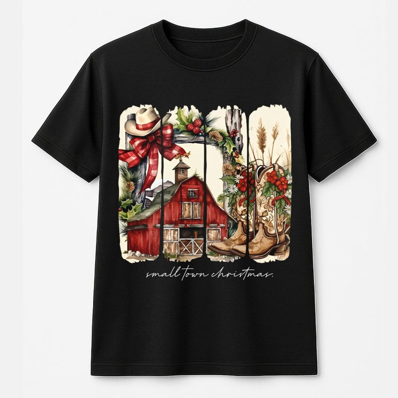 Rustic Western Barn Cowgirl Holiday Shirt, Small Town Christmas T-Shirt, Vintage Country Xmas Graphic Tee, Southern Winter T-Shirt