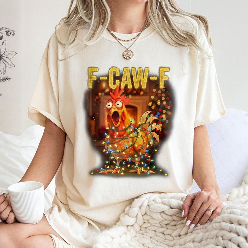 Humorous Santa Rooster Christmas Graphic Tee, F-CAW-F Chicken T-Shirt, Sarcastic Poultry Farm Holiday Shirt, Humorous Xmas Graphic Tee