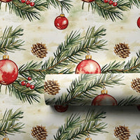 Pine Branch Christmas Gift Wrap, Watercolor Red Ornament Wrapping Paper, Pinecone Berry Wrapping Paper