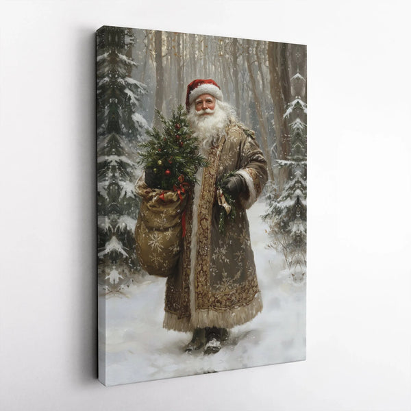 Snowy Forest Christmas Canvas Art, Vintage Santa Claus Canvas Print, Retro Santa Claus Wall Art, Winter Holiday Santa Decor, 