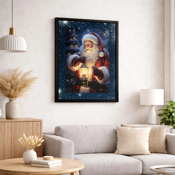 Snowy Lantern Forest Wall Art, Christmas Santa Claus Canvas Art, Winter Holiday Canvas Print, Comfy Xmas Canvas Decor, Home P