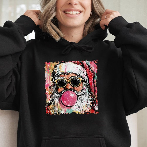 Humorous Cool Santa Hooded Sweatshirt, Bubble Gum Santa Claus Hoodie, Retro Christmas Santa Hoodie, Graphic Holiday Pullover 