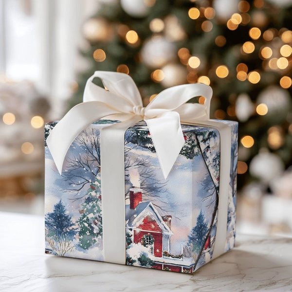 Winter Wonderland Gift Wrap, Snowy Red House Christmas Wrapping Paper, Comfy Cabin Holiday Wrapping Paper, Festive Scenic Gif