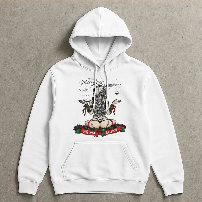 Risque Pin-Up Holiday Graphic Sweatshirt, Milwaukee Christmas Hoodie, Humorous Tool Enthusiast Xmas Pullover, Retro Mechanic Holiday Hoodie