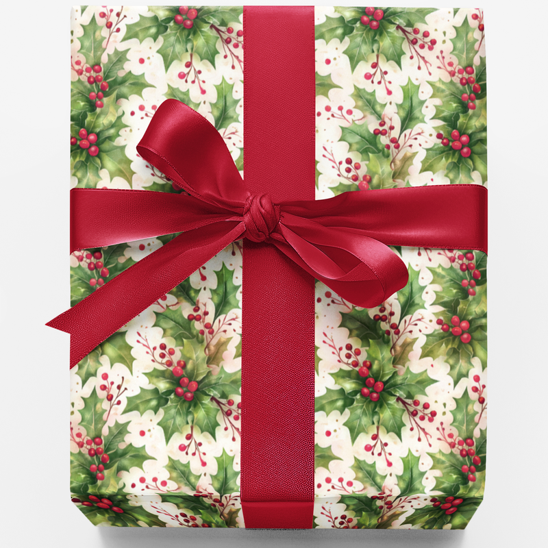 Festive Botanical Holiday Gift Wrap, Holly and Red Berries Christmas Wrapping Paper, Winter Foliage Present Paper, Xmas Gift Wrapping Paper