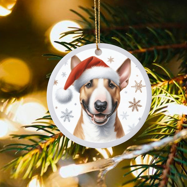 Santa Hat Dog Ornament, Bull Terrier Christmas Ornament, Festive Pet Ceramic Ornament, Holiday Puppy Tree Decor, Dog Lover Ke