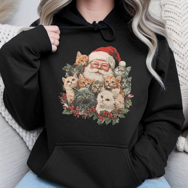 Retro Christmas Cat Hoodie, Santa Claus with Kittens Hoodie, Holiday Kitten Graphic Hoodie, Comfy Cat Lover Pullover, Winter 