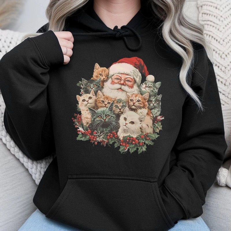 Retro Christmas Cat Hoodie, Santa Claus with Kittens Hoodie, Holiday Kitten Graphic Hoodie, Comfy Cat Lover Pullover, Winter Xmas Present