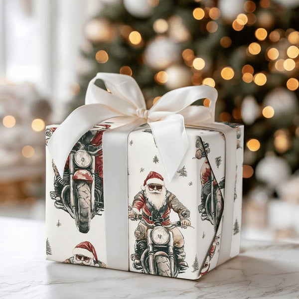 Motorcycle Christmas Gift Wrap, Biker Santa Wrapping Paper, Cool Santa Holiday Wrapping Paper, Retro Motorcyclist Xmas Gift W