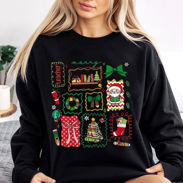 School Supplies Holiday Sweater, Merry Teacher Christmas Sweatshirt, Adorable Educator Xmas Graphic Pullover, Winter Break Te