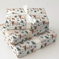 Rustic Winter Calf Gift Wrap, Highland Cow Christmas Wrapping Paper, Farmhouse Pine Tree Wrapping Paper, Watercolor Cow Holiday Gift Wrap