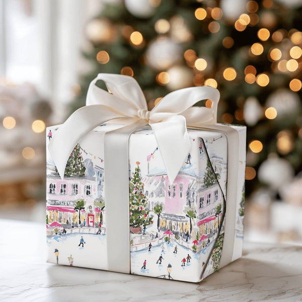 Watercolor Ice Skating Rink Gift Wrap, Christmas Village Wrapping Paper, Winter Wonderland Wrapping Paper Roll, Holiday Prese