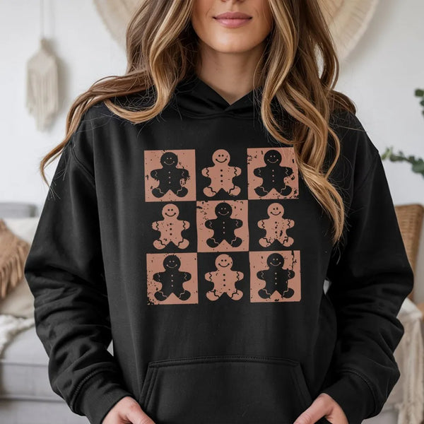 Retro Christmas Cookie Grid Hoodie, Gingerbread Man Hoodie, Holiday Baking Hooded Sweatshirt, Adorable Xmas Pullover Hoodie, 