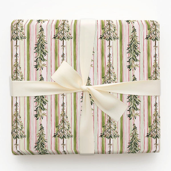 Watercolor Foliage Gift Wrap, Striped Christmas Tree Wrapping Paper, Pink and Green Holiday Wrapping Paper