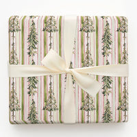 Watercolor Foliage Gift Wrap, Striped Christmas Tree Wrapping Paper, Pink and Green Holiday Wrapping Paper