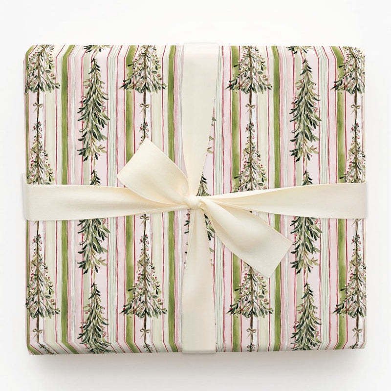 Watercolor Foliage Gift Wrap, Striped Christmas Tree Wrapping Paper, Pink and Green Holiday Wrapping Paper