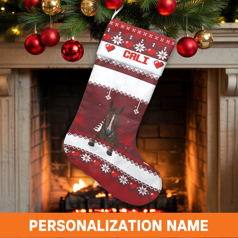Custom Name Holiday Stocking, Personalized Horse Christmas Stocking, Velboa Equestrian Xmas Stocking, Horse Lover Fireplace Mantel Decor