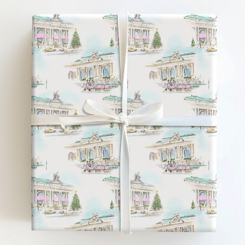 Watercolor New York Christmas Wrapping Paper, NYC Grand Central Gift Wrap, Snowy City Yellow Cab Gift Wrapping Paper, Holiday Present Wrap