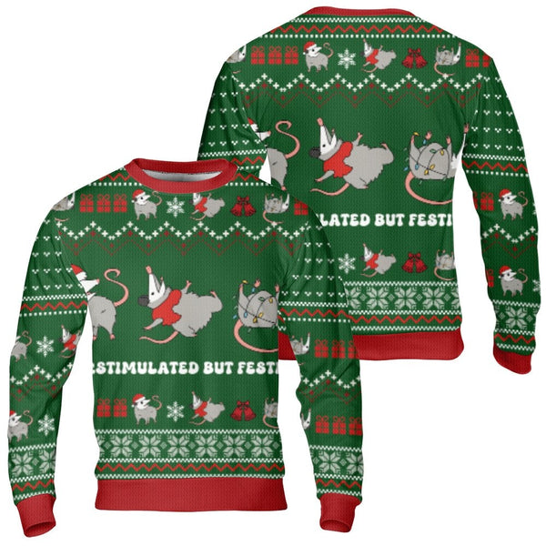 Overstimulated but Festive Sweatshirt, Opossum Ugly Christmas Sweater, Humorous Trash Animal Holiday Crewneck, Comfy Xmas Pos