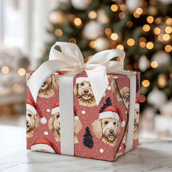 Dog Santa Hat Holiday Gift Wrap, Goldendoodle Christmas Wrapping Paper, Adorable Puppy Xmas Wrapping Paper, Dog Lover Winter 