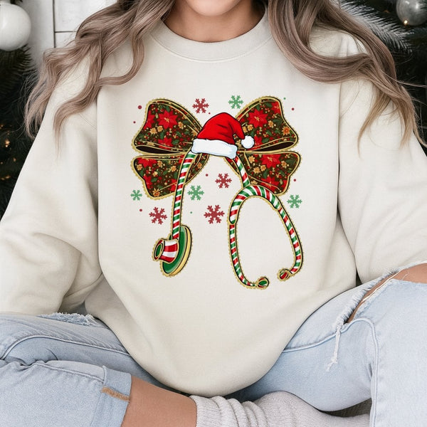 Coquette Bow Stethoscope Crewneck, Christmas Nurse Sweatshirt, Adorable RN Nursing Holiday Sweater, Medical Hospital Staff Xm