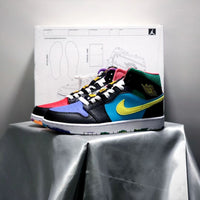 Mid Top Sneakers, Blue Yellow Black Colorway, Mismatched Colorway, Lace Up Design, Casual Gift for Sneaker Fans