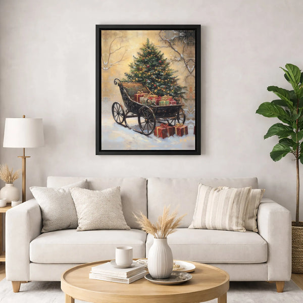 Snowy Tree and Presents Painting, Vintage Christmas Sleigh Canvas Print, Holiday Season Wall Art Poster, Winter Decor, Digita