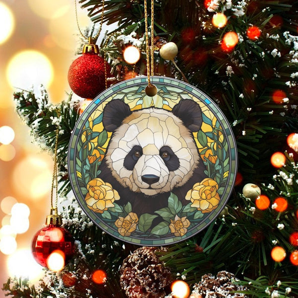 Yellow Floral Bear Christmas Ornament, Stained Glass Panda Ornament, Adorable Animal Glossy Ceramic Ornament, Nature Lover Tr