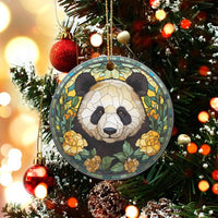 Yellow Floral Bear Christmas Ornament, Stained Glass Panda Ornament, Adorable Animal Glossy Ceramic Ornament, Nature Lover Tree Decor Present