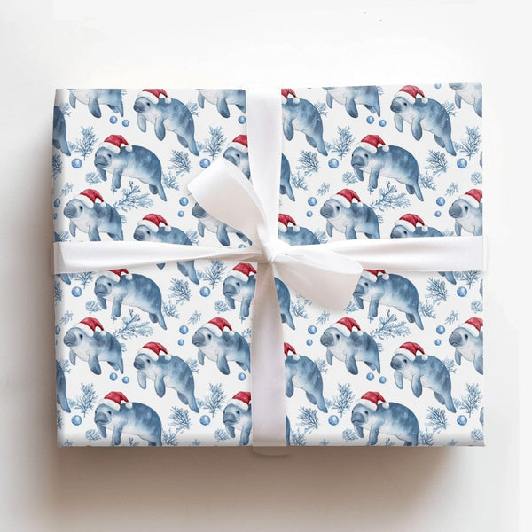 Coastal Nautical Holiday Gift Wrap, Manatee Christmas Wrapping Paper, Santa Hat Sea Cow Wrapping Paper, Marine Life Xmas Gift