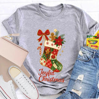 Retro Festive Pattern Tee, Christmas Bows and Holiday Socks Shirt, Adorable Christmas Graphic T-Shirt, Comfy Winter Holiday Present