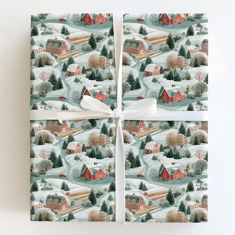 Rustic Farmhouse Gift Wrap, Winter Barn Christmas Wrapping Paper, Snowy Village Holiday Wrapping Paper, Country Landscape Present Wrap