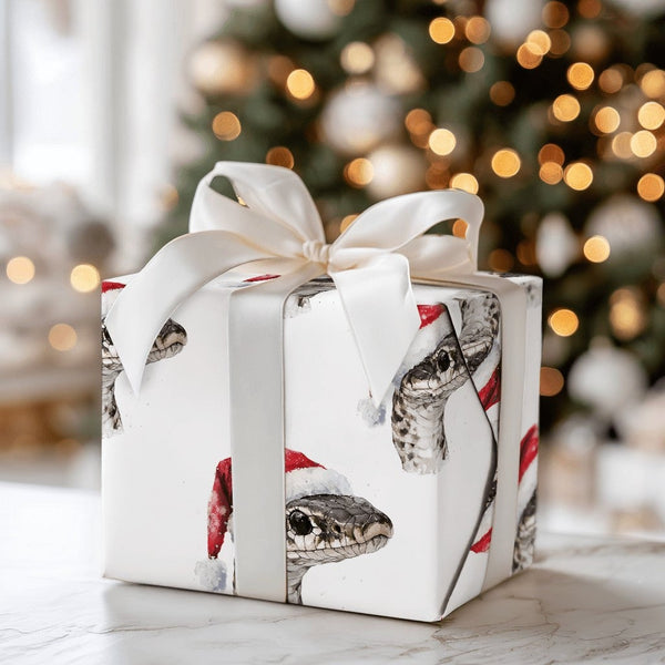 Santa Hat Reptile Holiday Gift Wrap, Snake Christmas Wrapping Paper, Watercolor Serpent Wrapping Paper, Humorous Animal Festi